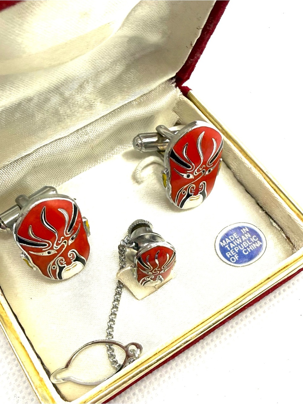 Red Enamel Opera Mask Cufflinks and Tie Chain Set